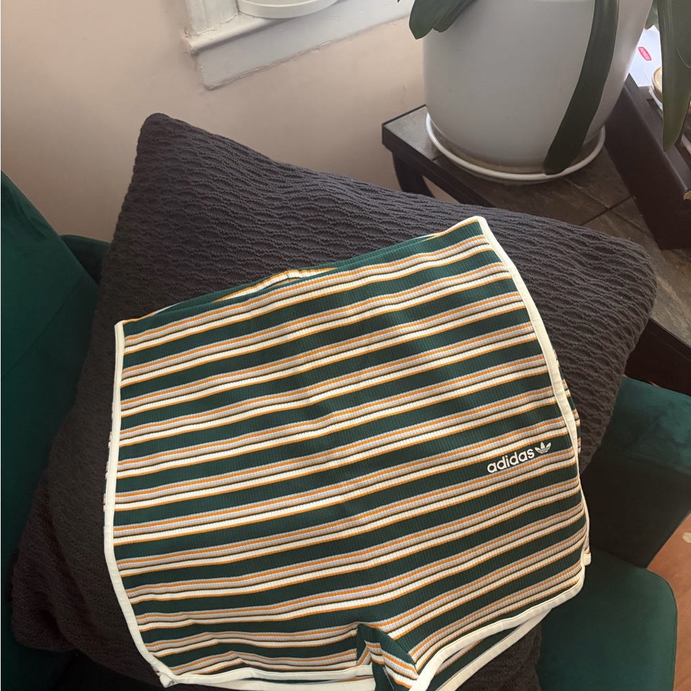 adidas 80s Roller Disco Green and Yellow Striped Bike Shorts - Picture 2 of 4